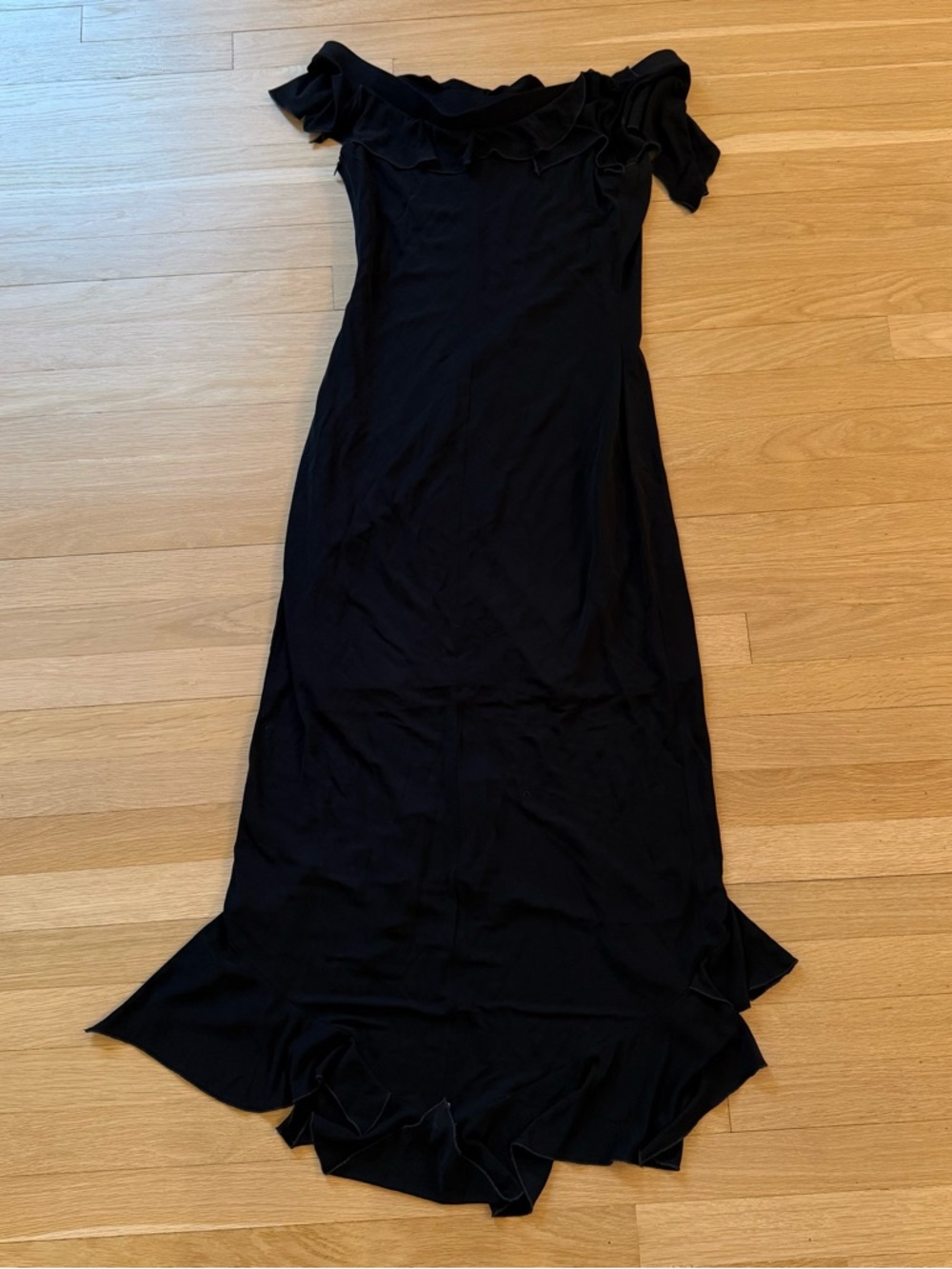 FRIVOLE | Off-Shoulder Black Ruffle Hem Maxi Dress | Size: 12